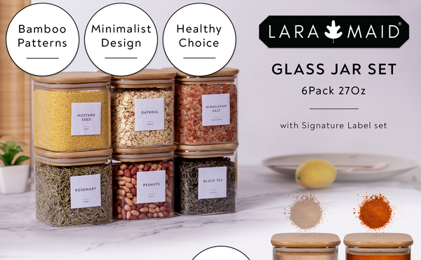 Laramaid 40oz 4Packs Glass Jars Set, Square Pantry Jars with Bamboo Lids,  Black Labels and White Pen, Food Storage Containers for Home, Kitchen and