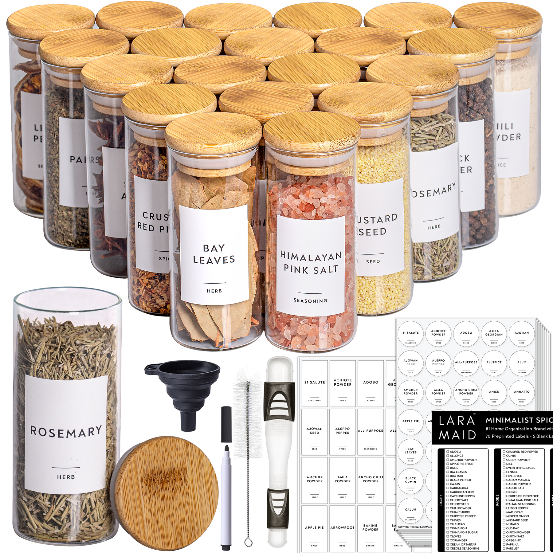 Laramaid 4oz 20Pack Spice Jars with Black Vinyl Spice Labels, Round Jar Canisters with Black Bamboo Lids, Adjustable Measuring Spoon, White Pen