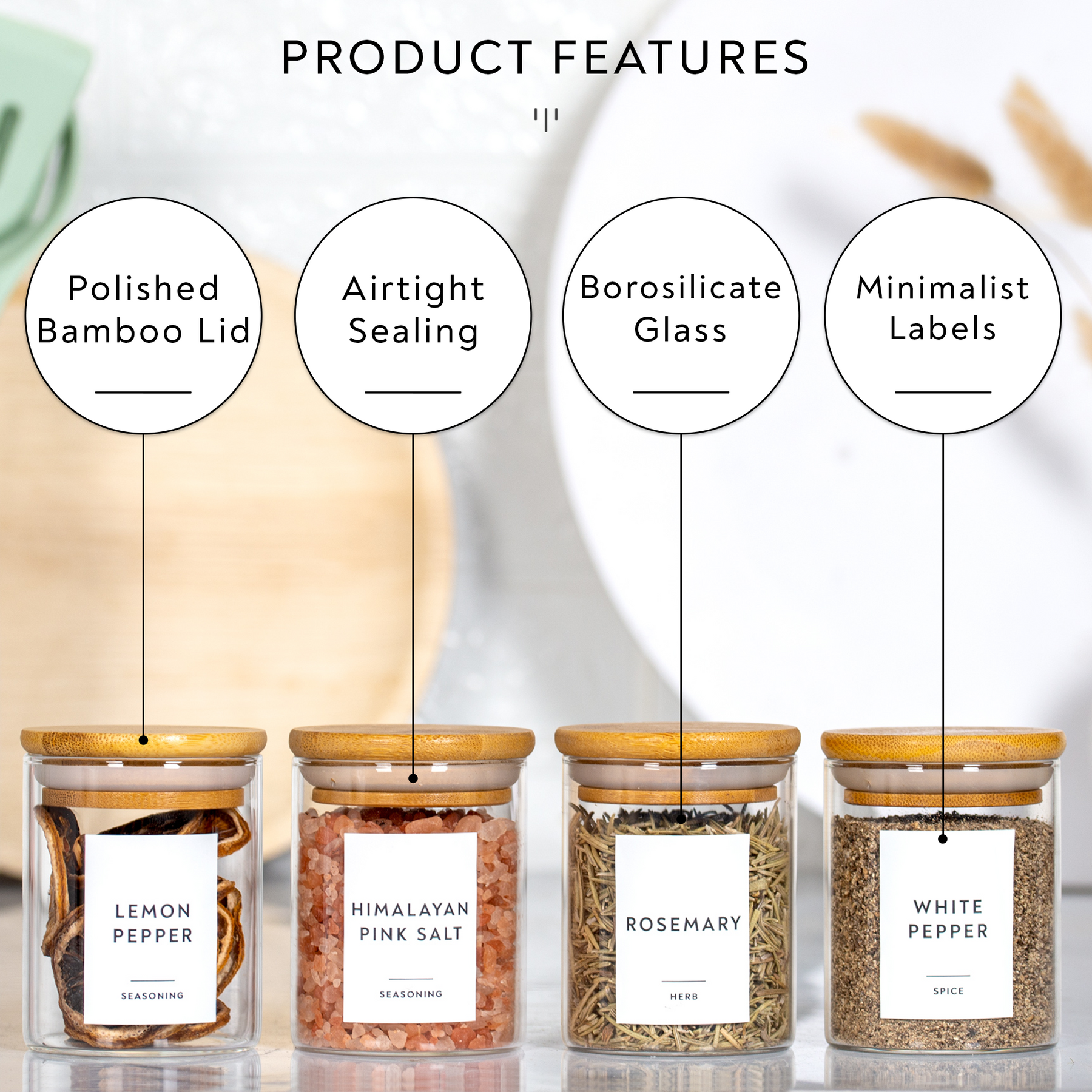 4 oz Glass Jars with Bamboo Lids, Minimalist Farmhouse Spice
