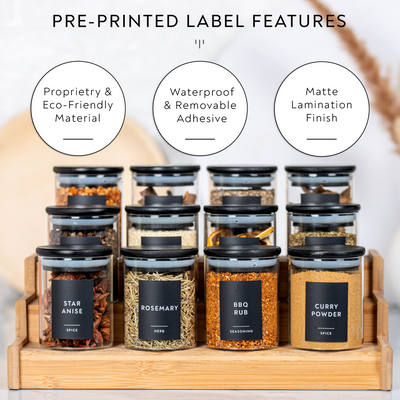 Glass Herb and Spice Jars Acacia Wood Lids Printed Waterproof