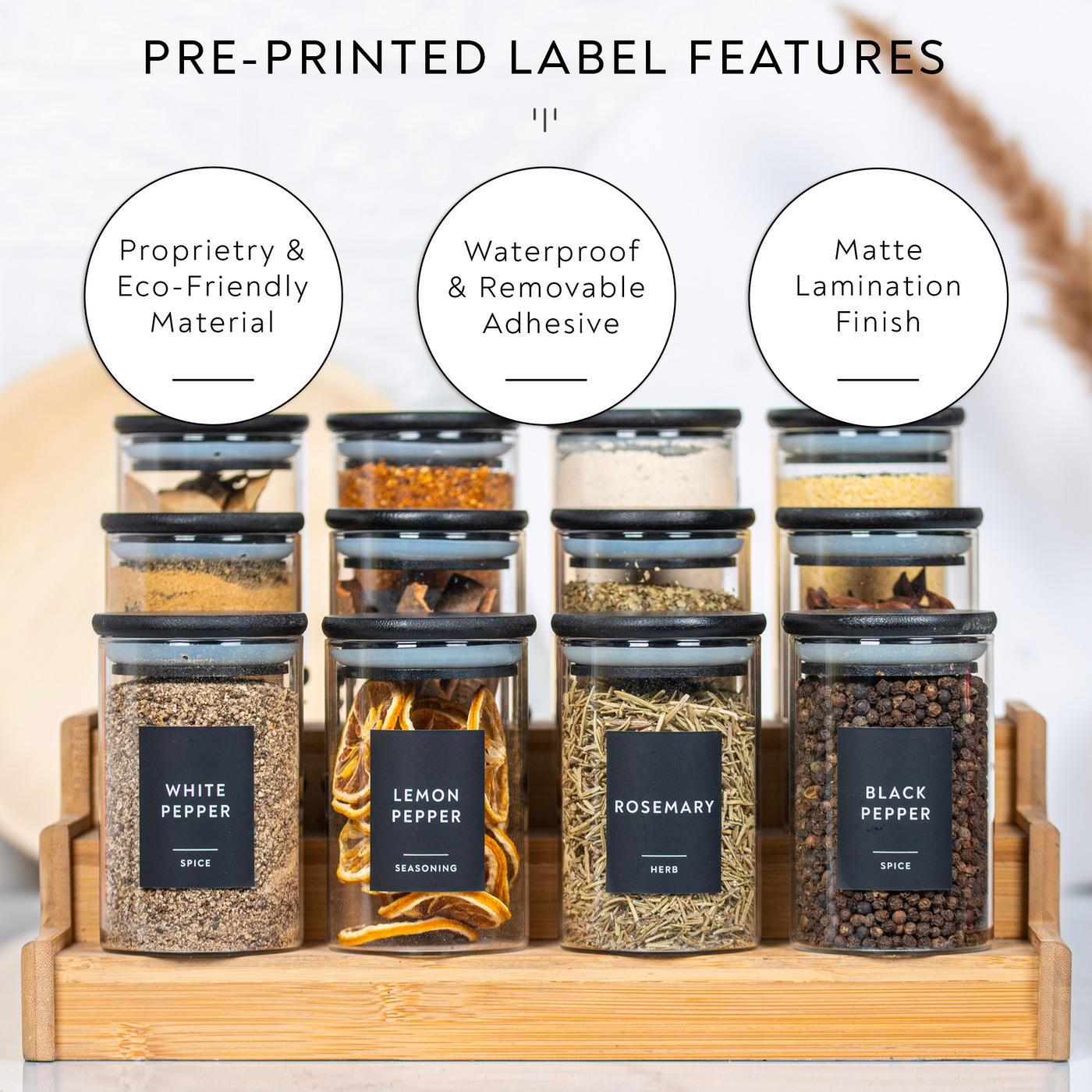 Glass Herb and Spice Jar Bamboo Lid Home Storage Kitchen Eco Friendly Jars  Printed Waterproof Label Personalise Labels 