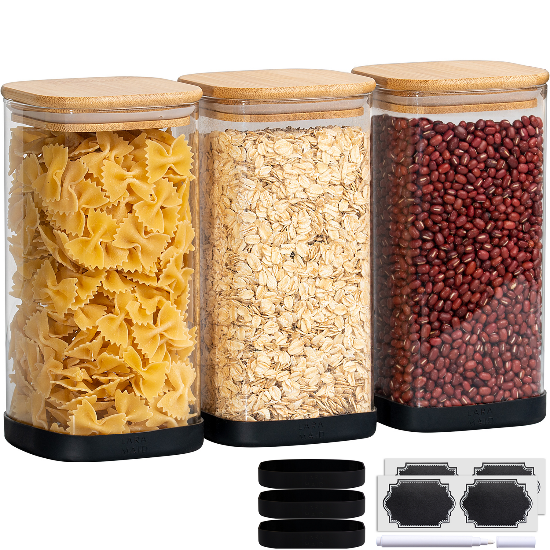 Laramaid 40oz 4Packs Glass Jars Set, Square Pantry Jars with Bamboo Lids,  Black Labels and White Pen, Food Storage Containers for Home, Kitchen and